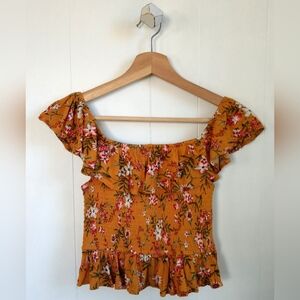 ☆ Floral Smocked Ruffle Sleeve Top
